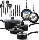 20-Piece Nonstick Kitchen Cookware Set - PTFE/PFOA/PFOS Free Heat Resistant Lacquer Kitchen Ware Pots Pan Set W/Bakelite Handles, Saucepan, Frying Pans, Lid, Knife Set - Serenelife SLCW20BLK (Black)