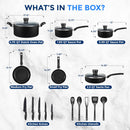 20-Piece Nonstick Kitchen Cookware Set - PTFE/PFOA/PFOS Free Heat Resistant Lacquer Kitchen Ware Pots Pan Set W/Bakelite Handles, Saucepan, Frying Pans, Lid, Knife Set - Serenelife SLCW20BLK (Black)
