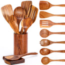 9 Piece Natural Teak Wooden Kitchen Utensil Set with Spoon Rest - Comfort Grip