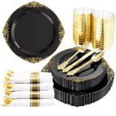 Hioasis 350Pcs Black and Gold Plastic Plates with Gold Plastic Silverware For...