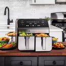 Gourmia 10-Qt. Dual Basket Digital Air Fryer with Smart Finish & Match Cook Black Stainless Steel: 1-Year Warranty, Dishwasher-Safe Parts