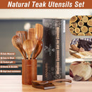 9 Piece Natural Teak Wooden Kitchen Utensil Set with Spoon Rest - Comfort Grip