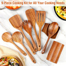9 Piece Natural Teak Wooden Kitchen Utensil Set with Spoon Rest - Comfort Grip