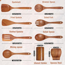 9 Piece Natural Teak Wooden Kitchen Utensil Set with Spoon Rest - Comfort Grip