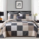 Y-PLWOMEN Quilt 100% Cotton King Size Quilt Set, Brown Khaki Black White Patchwork Plaid Bedspread, Lightweight Reversible Soft Summer Quilt Bedding Set, 3-Pieces